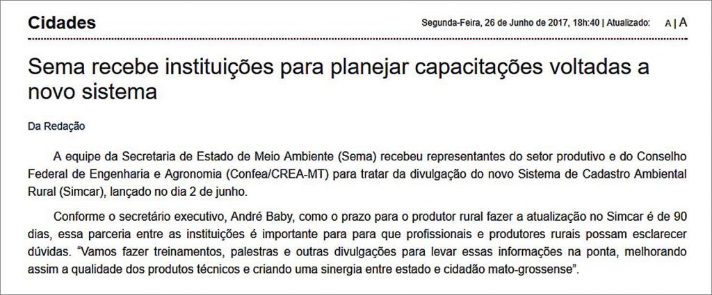 Destaque na imprensa sobre o sucesso do SIMCAR em Mato Grosso