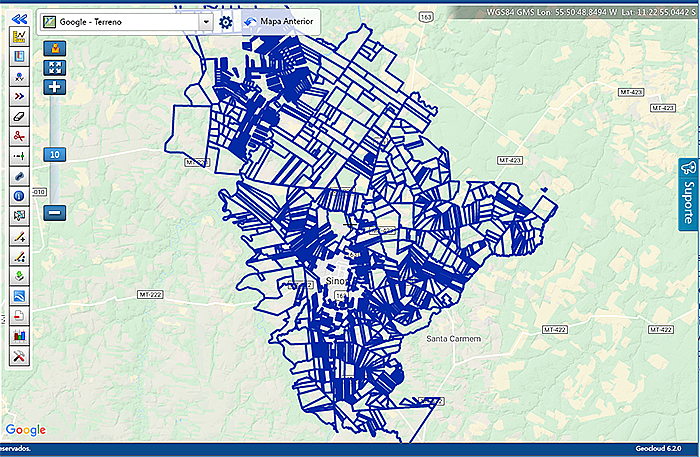 Mapa do cadastro municipal rural de Sinop com parcelas georreferenciadas