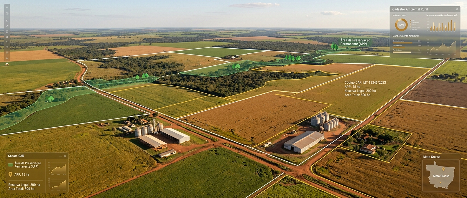 Cadastro Ambiental Rural - Vista aérea de propriedades rurais com dados CAR