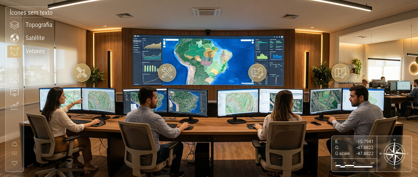 Geotecnologia - Sala de controle com mapas e análise geoespacial